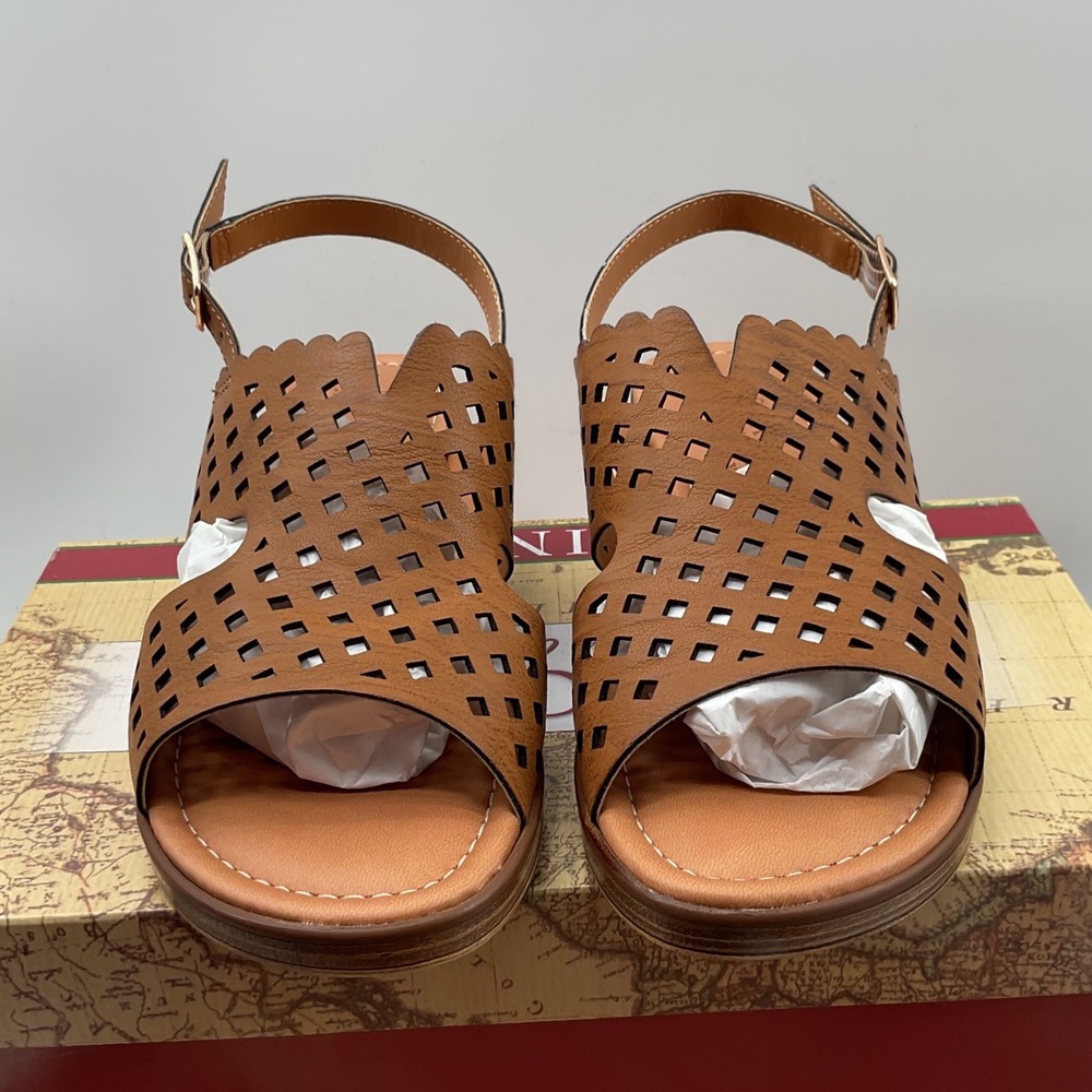 Tuscany by Easy Street Martella Cognac Laser Cut Wedge Sandals 6WW Made in Italy